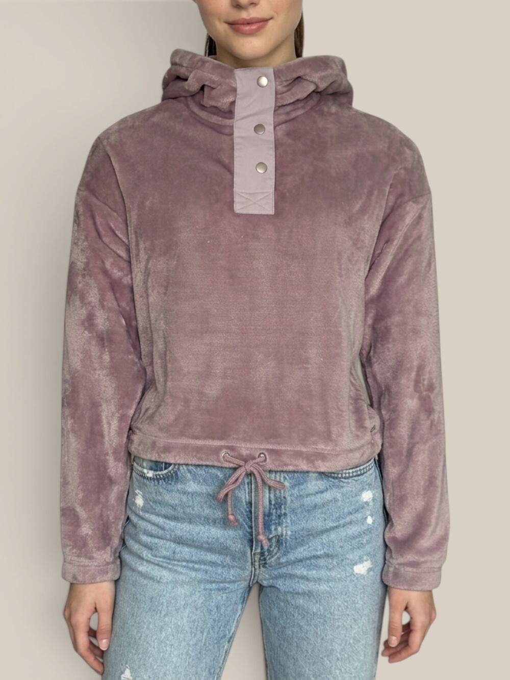 Hollister Faux Fur Snap Hoodie Dusty Pink Cropped Relaxed XS